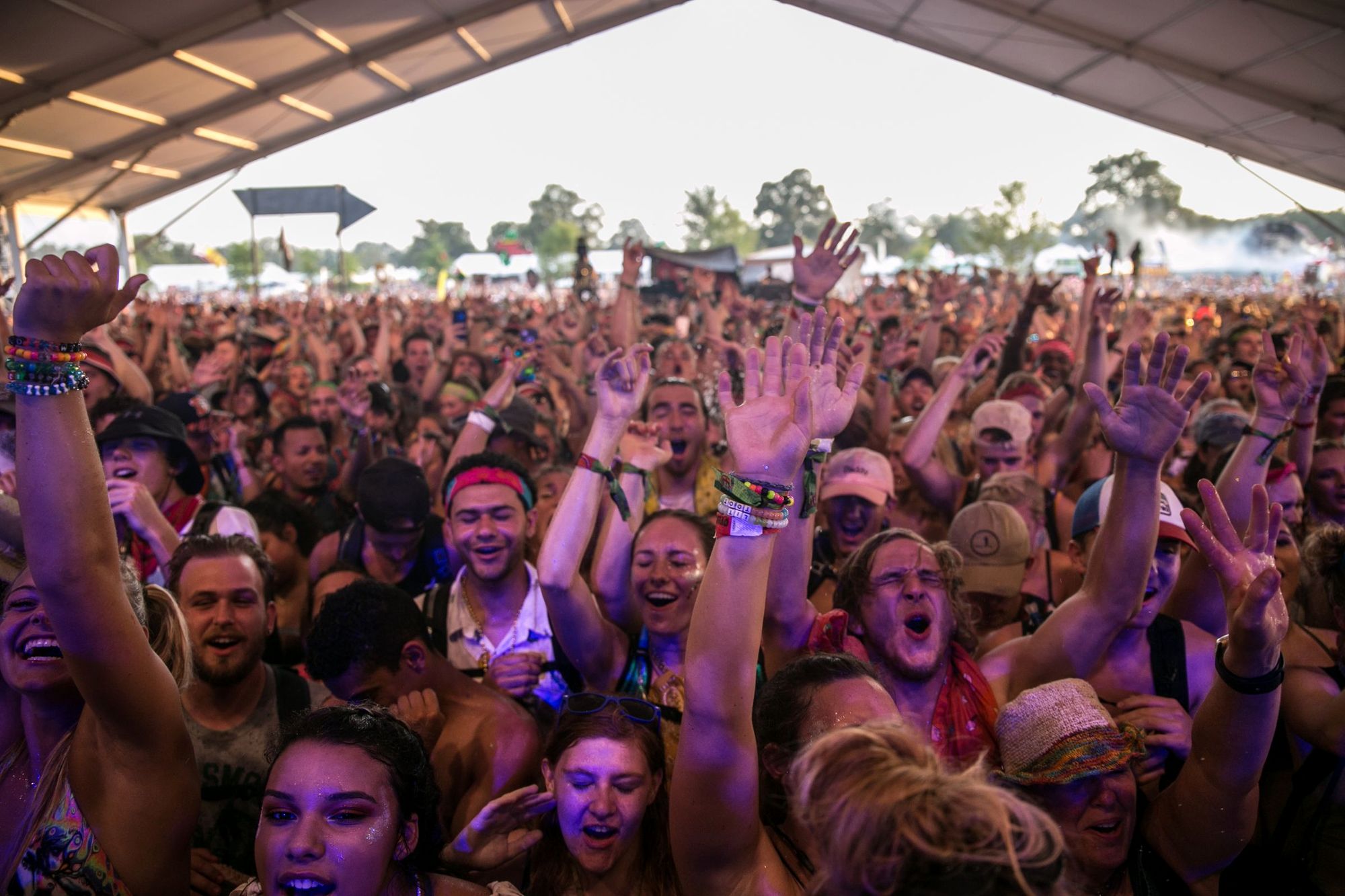 Publikum med armene i vejret under et festivaltelt